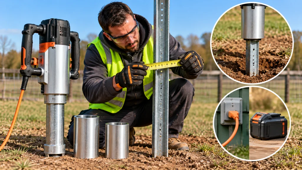Measuring a fence post for an electric post driver.