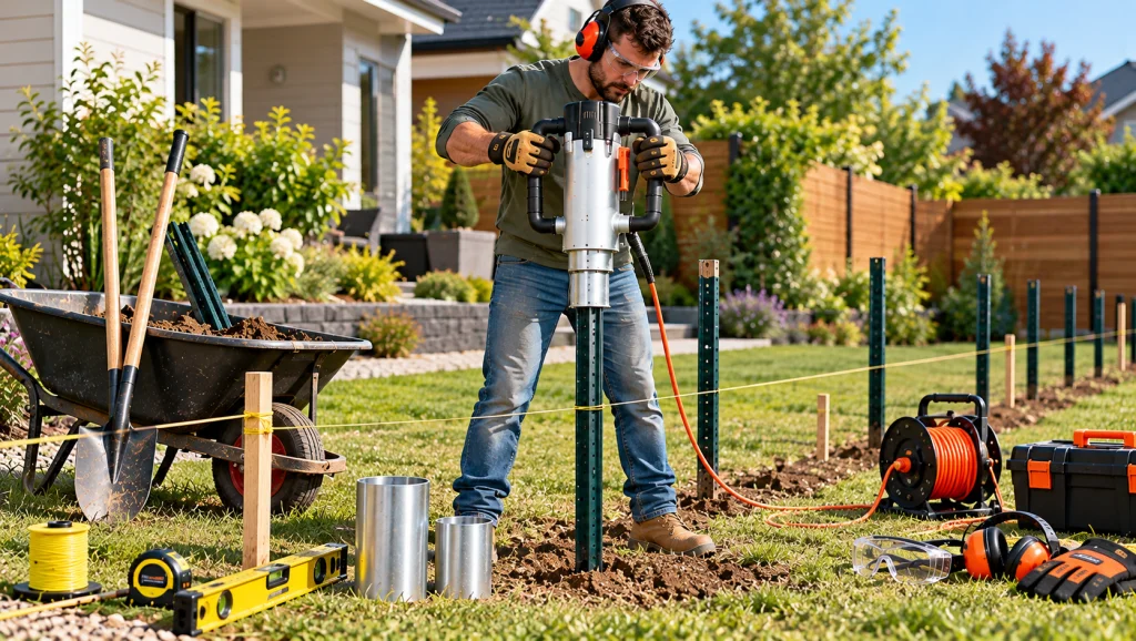 Homeowner installing fence posts with an electric driver.