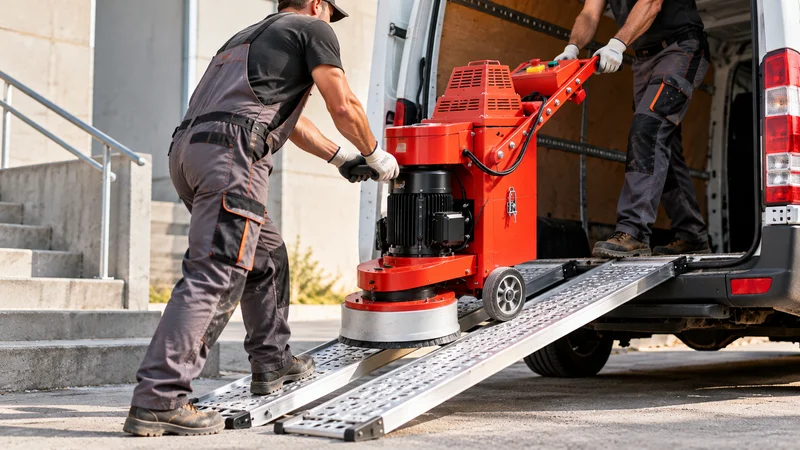 Workers loading a walk-behind floor grinder into a van