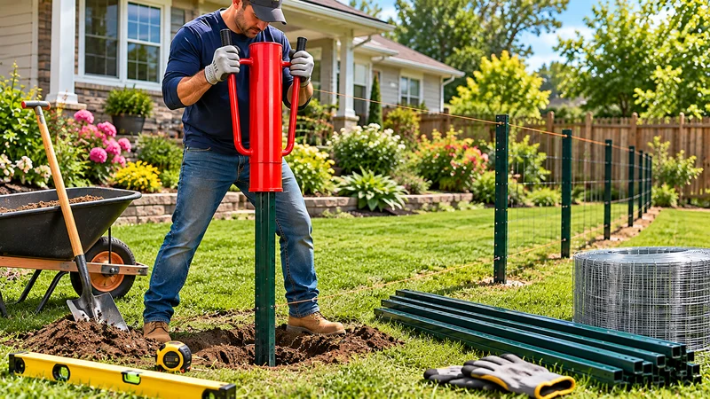 Worker driving a metal fence post with a manual post driver