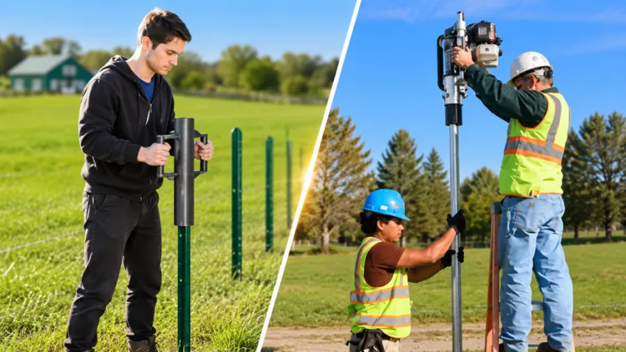 Manual and powered fence post drivers in a field
