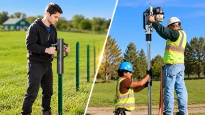 Manual and powered fence post drivers in a field