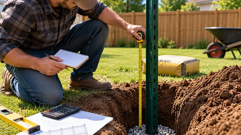 Worker measuring fence post hole depth