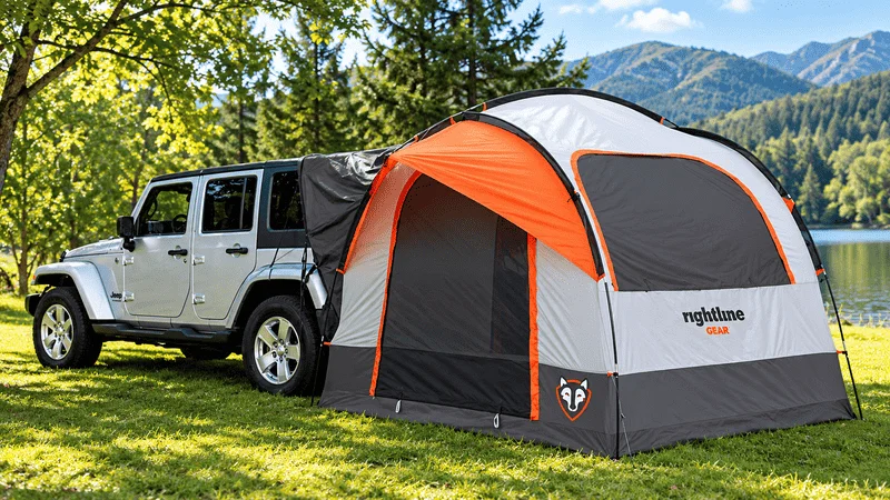 Orange and gray car camping tent attached to Jeep.