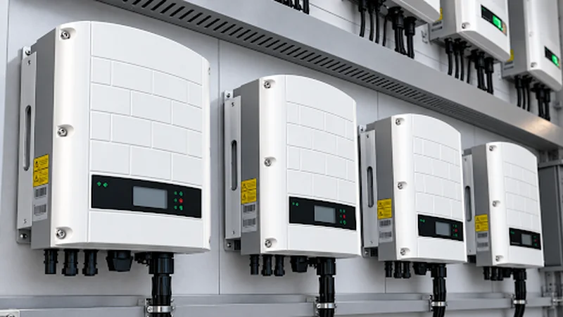 Row of white off-grid solar inverters mounted on wall.