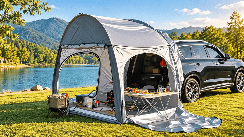Grått campingtält för bilar med vestibul fäst vid SUV