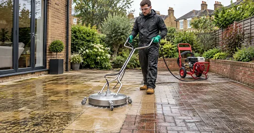Pressure washer surface cleaner attachment on a driveway