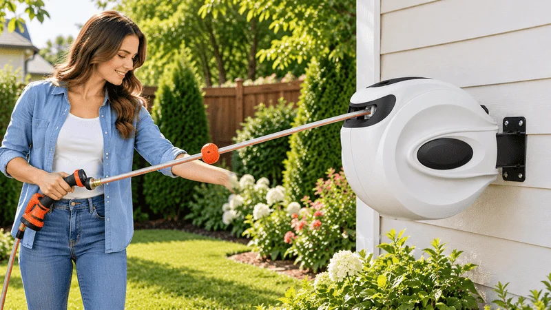 Woman pulling hose from white retractable garden hose reel.