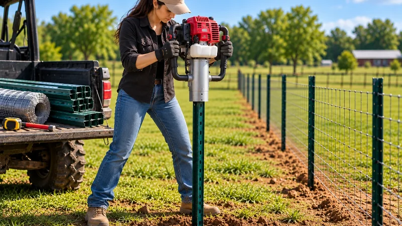 Woman using a gas-powered fence post driver