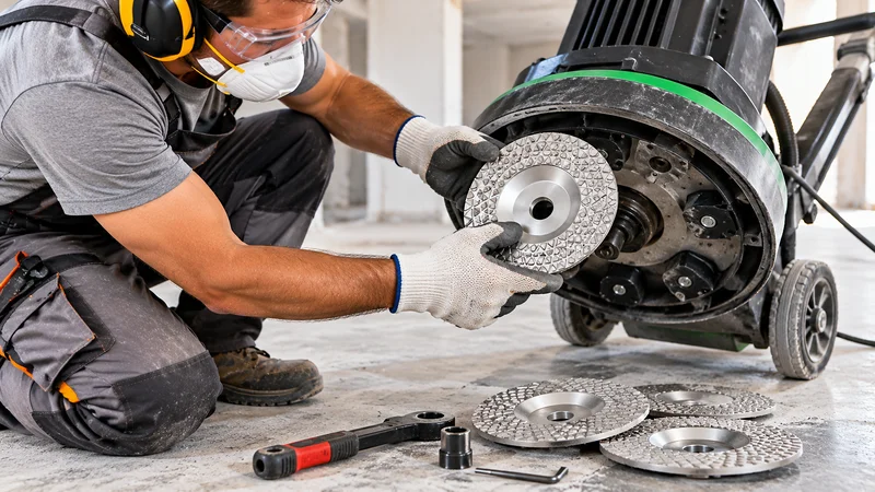 A worker fitting a concrete grinder disc