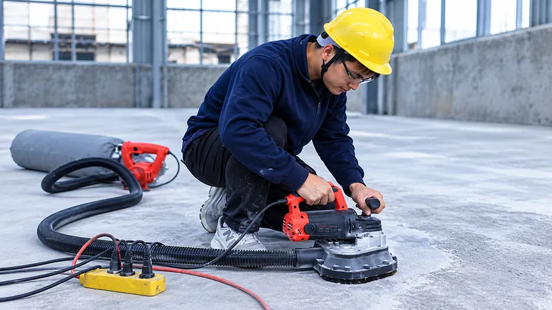 Worker using a hand-held concrete polishing machine