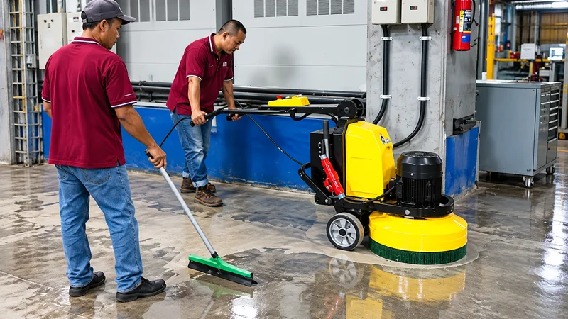 Workers using a concrete polishing machine for wet polishing