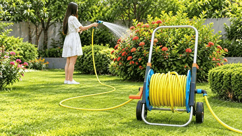 Frau gießt Blumen mit einem gelben Wasserschlauchwagen.